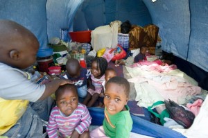 Family inside tent